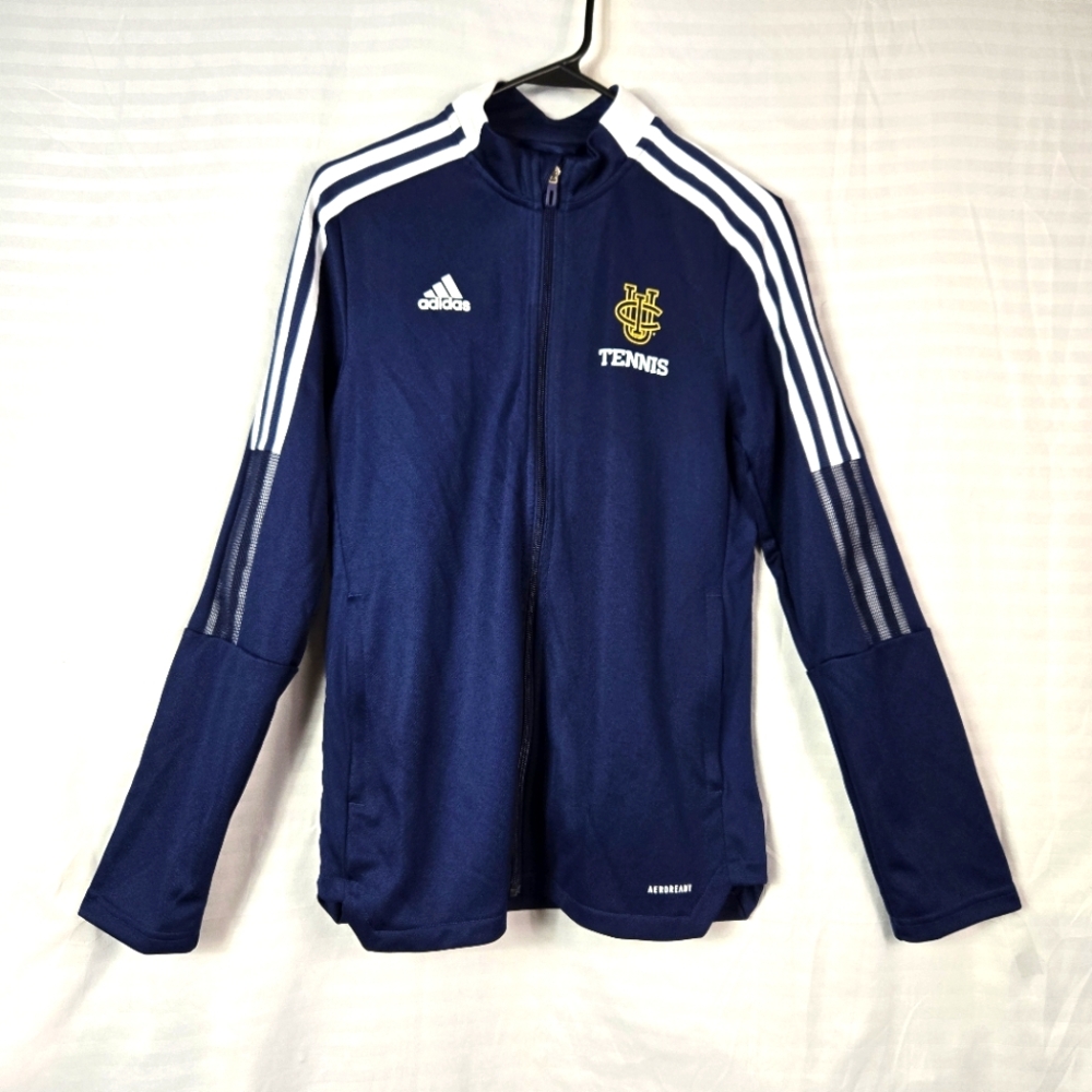 Adidas Womens Track Jacket Sz Medium Navy Blue 3 Stripe Full Zip Pockets